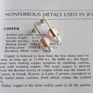 Sterling silver bar and copper circle drop stud earrings - mixed metal geometric design by Two Love Design