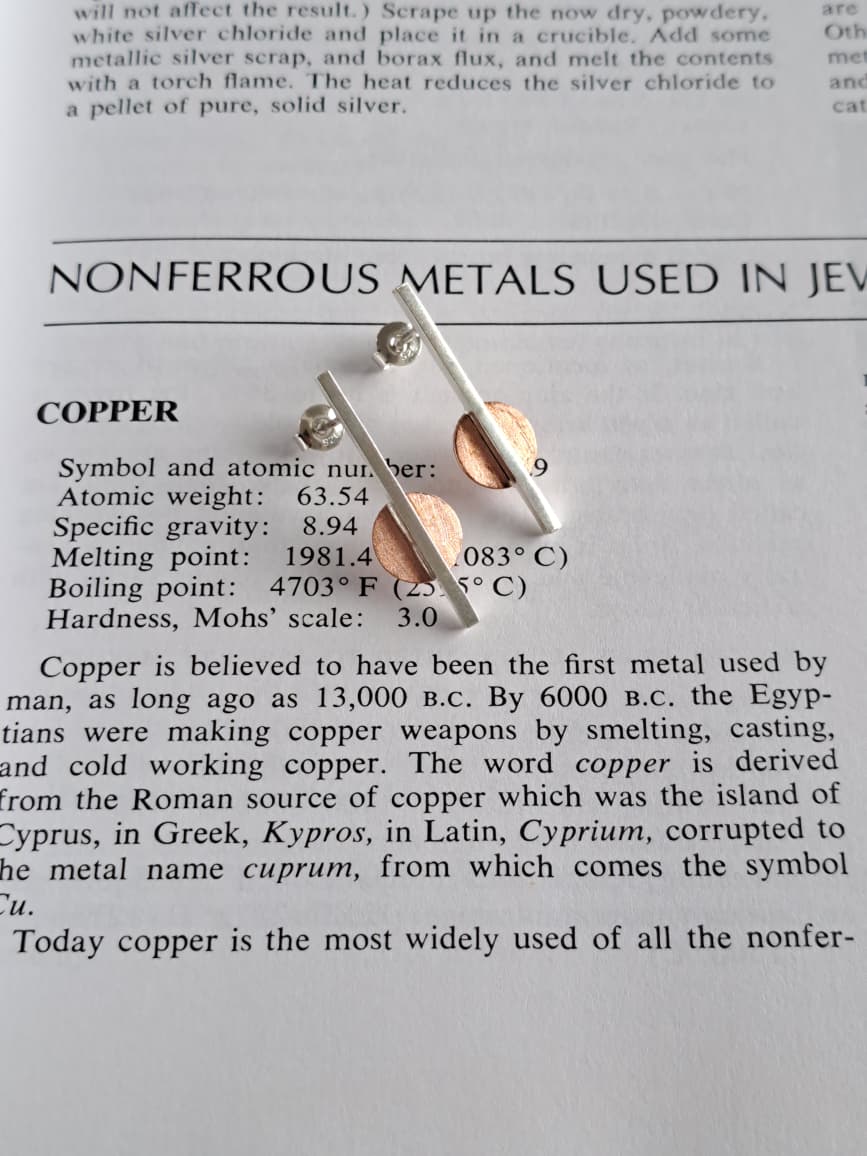 sterling_silver_bar_copper_circle Sterling silver bar and copper circle drop stud earrings - mixed metal geometric design by Two Love Design