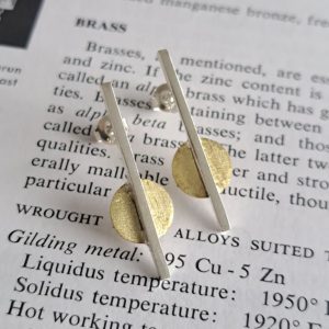 Sterling silver bar and gold circle drop stud earrings - mixed metal geometric design by Two Love Design