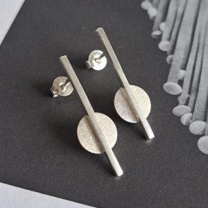 Sterling silver bar and silver circle drop stud earrings - mixed texture geometric design by Two Love Design
